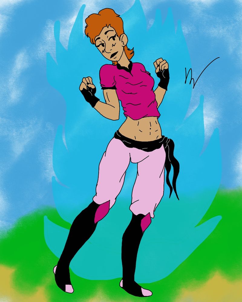 Ruku - A tan skinned woman with orange hair in a pink and black cropped version of a Dragon Ball Gi, with thigh high black boots with pink on the heel and front of the foot. 