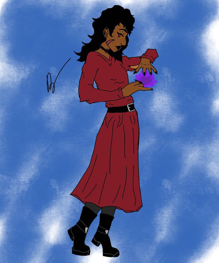 A tall brown skinned person in profile wearing a rose choker, red dress with a black belt, grey leggings, and black chunk heeled boots. They are conjuring a purple flame between their hands and looking back with a red iris. She has shoulder length black hair, facial scar coming up from her jaw to her cheek, freckles all over her face, black cuff piercings and an industrial piercing on her ear. 