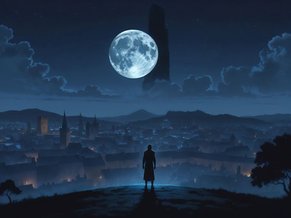 A man stands on a hill overlooking a fantasy city. It is a bright night, with a large full moon hangs over the city. Impossibly, a large tower looms behind the moon.