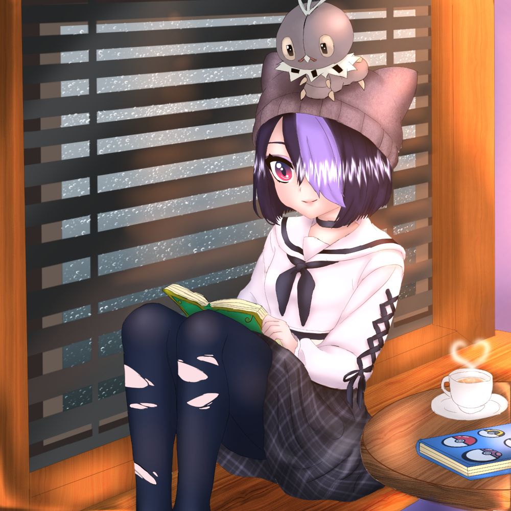 Illustration of a goth Pokémon trainer girl with purple-and-black hair, a black cat-eared beanie, and a Scatterbug resting on her head. She’s reading by a window while rain falls outside, with a cup of tea and a Poké Ball notebook nearby. The atmosphere is cozy and soft.