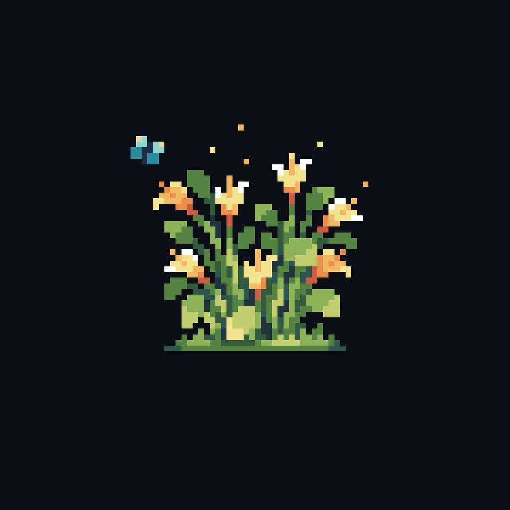 Pixelart flowers with orange blossoms, big  leafs, bees and a butterfly