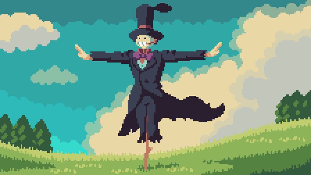 PixelArt of scarecrow from the movie Howl's Moving Castle standing in green grass. Behind him a blue, clouded sky