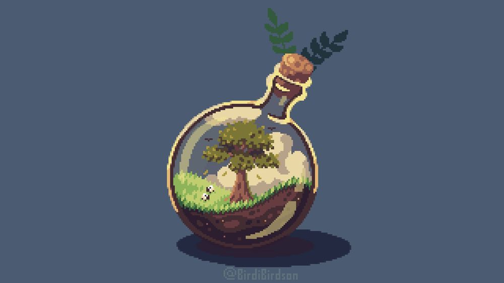 pixelart of a round flask: inside are miniature sheep running through the grass around a tree
