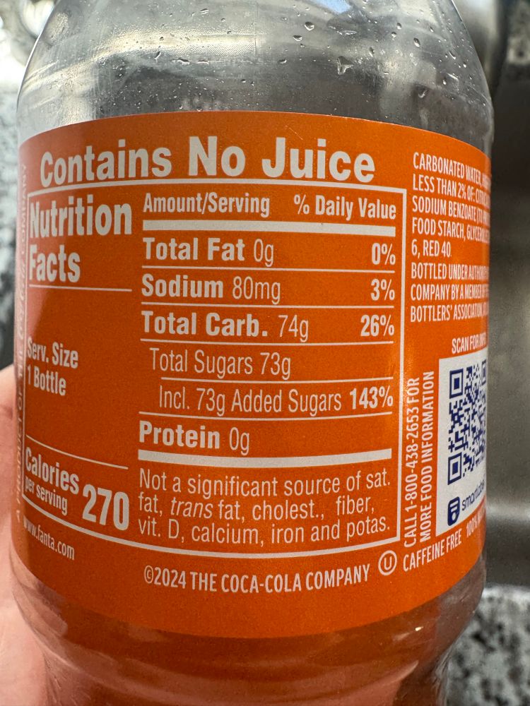 Nutrition Label on a bottle of Fanta in the US. It has 73 grams of sugar.