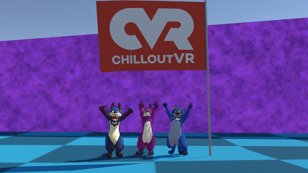 Two Taidums and a Shiba in front of a ChilloutVR flag.