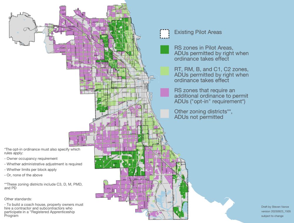 a map of Chicago symbolized into four areas. RS zones in Pilot Areas will allow ADUs by right when the ordinance takes effect; RT, RM, B, and C1 and C2 zones will also allow ADUs by right when the ordinance takes effect. RS zones that are not in the pilot areas will require an opt-in ordinance. Other areas, shown in gray, will not allow ADUs. A note says that these zoning districts comprise PD, PMD, M, and D zoning districts. 