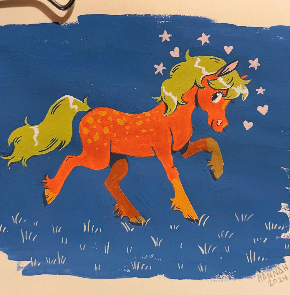 gouache painting of an orange pony prancing