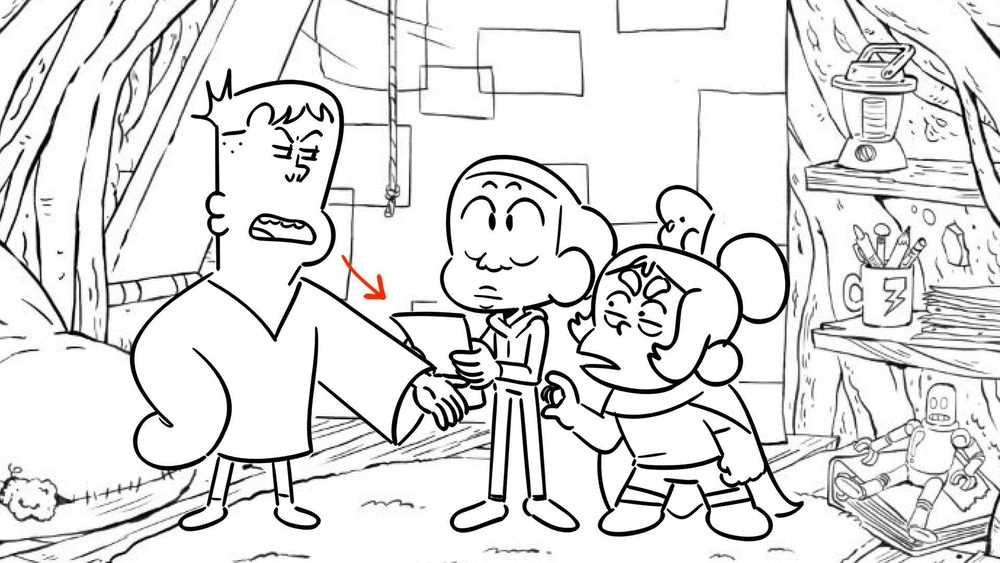 storyboard panel from Craig of the Creek of JP and Kelsey bicker over something as Craig is in the middle