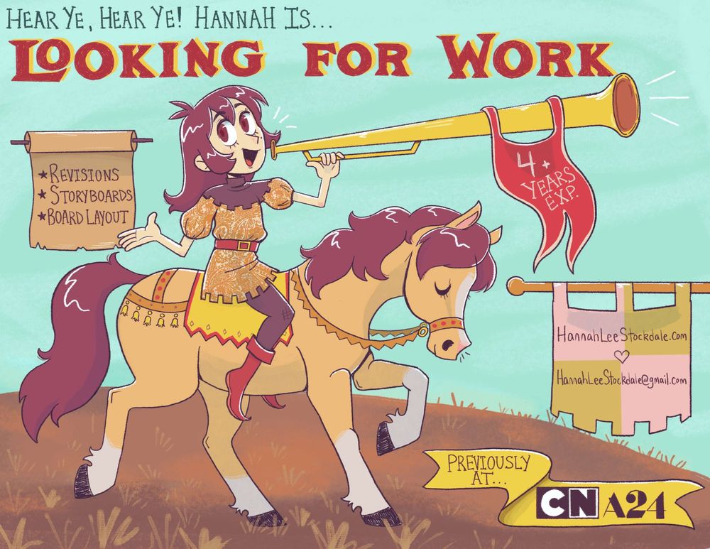 repost of my current "looking for work" drawing. (of me on a pony, with medieval-inspired banners and such showing my exp and contact info)