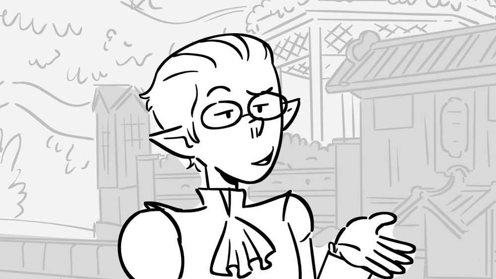 storyboard panel from a personal project. a pompous elf gestures