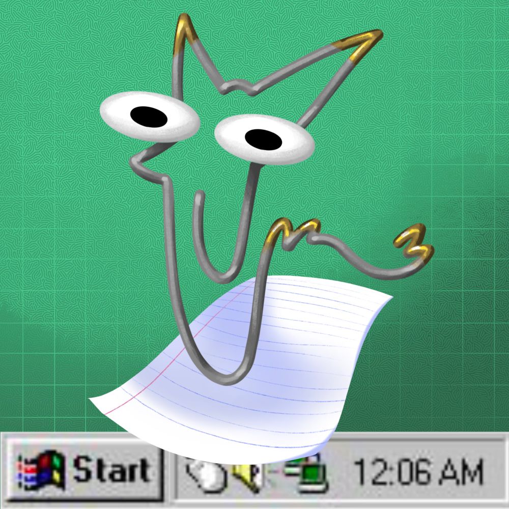 Rexoium clippy over a green textured background and a retro start menu bar. 