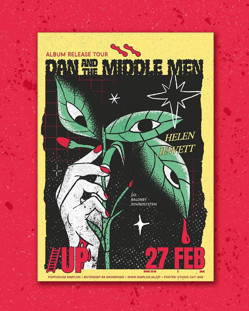Illustrated poster with a hand holding a stem of leaves. The leaves have eyes and a very black textured finish. The colors are yellow, red and green + black. 