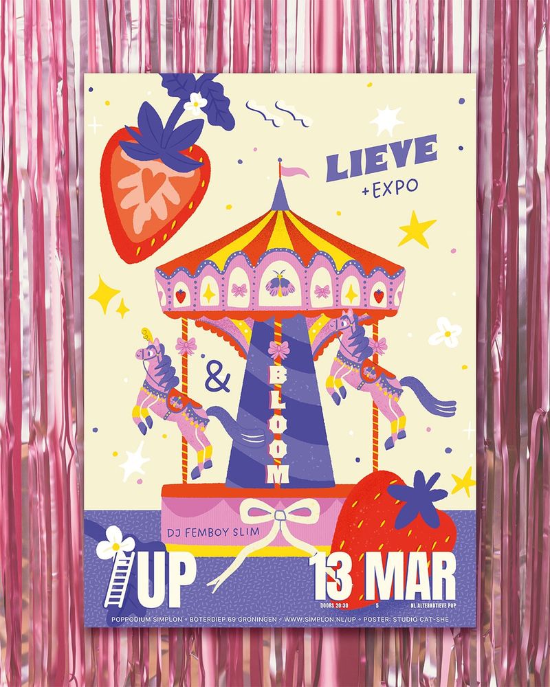 An illustrated event poster placed on a background of pink tinsel. The poster contains a drawn carousel with horses and with strawberries and confetti in the background. The colors of the poster are red, lilac, pink & yellow. 