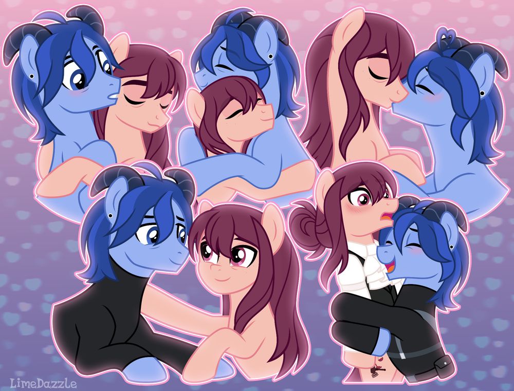 my OCs (orignal characters), James (blue two-horned pony) and Allen (pink earth pony) are being affectionate. They share hugs, they kiss and give each other loving looks
