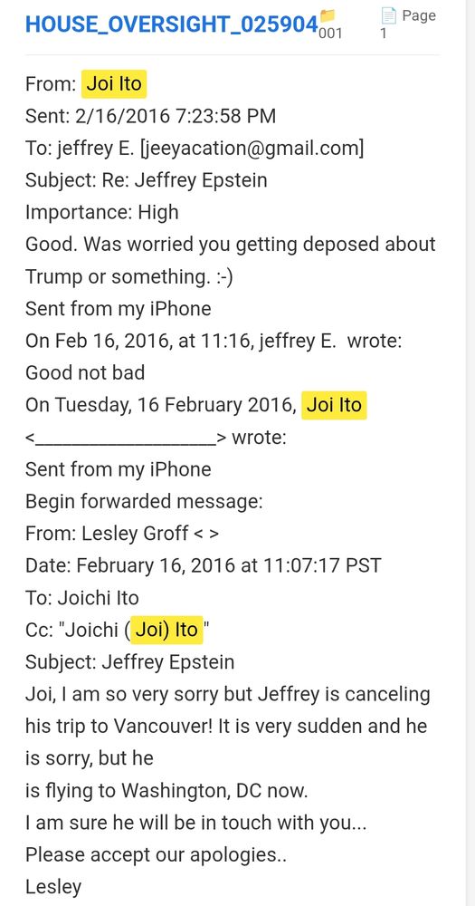 Epstein cancels on Joi Ito, and clarifies "good not bad" to which Joi says "good, was worried about you getting deposed about Trump or something" and adds a smiley face