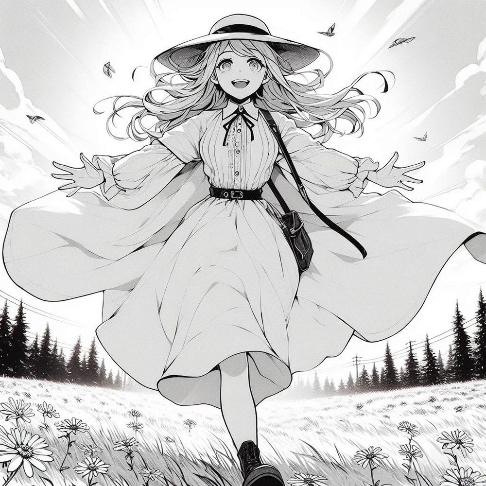 つばの広い帽子と長いスカートをつけ、草原を笑顔で両手を広げて走る女性のアニメ調のイラスト