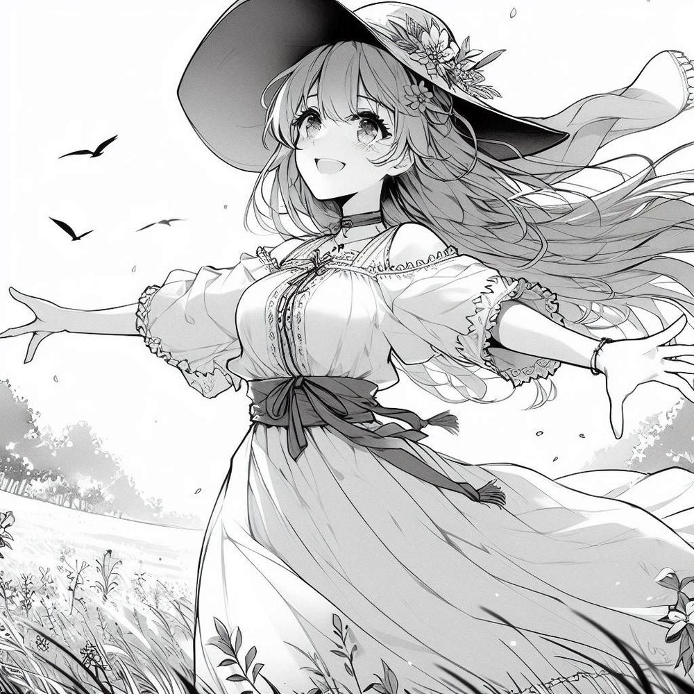 つばの広い帽子と長いスカートをつけ、草原を笑顔で両手を広げて走る女性のアニメ調のイラスト