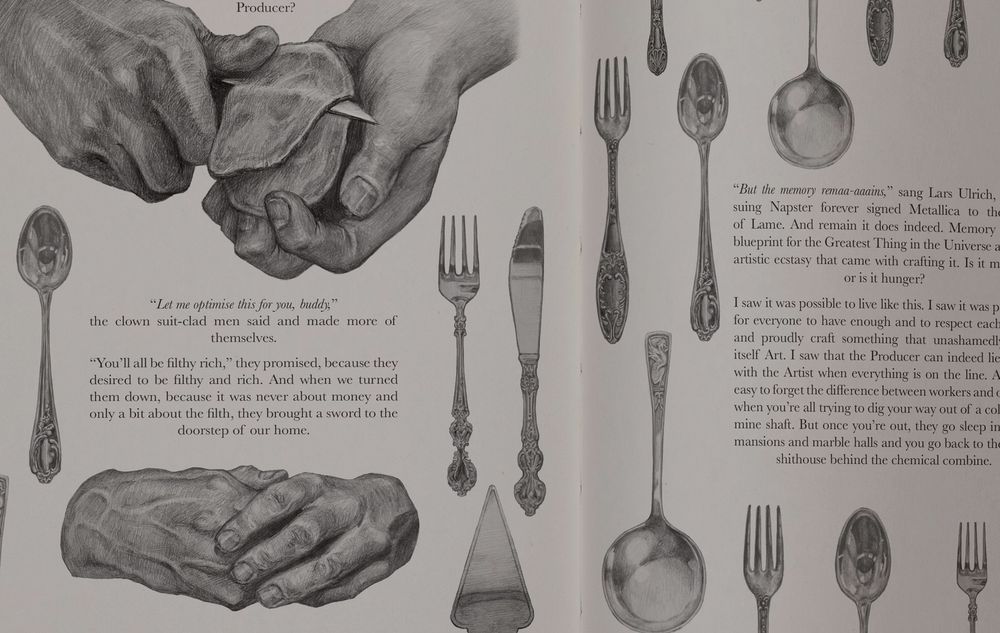 Extrait du livre : une double page en noir et blanc, au texte accompagné d'illustrations d'argenterie et de mains qui pèlent une patate.