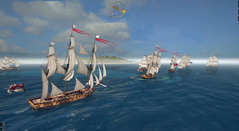 Capture d'écran d'un jeu en 3D. Des navires de guerre du XVIIIe siècle battant pavillon britannique se suivent sur l'océan, sous un ciel bleu.