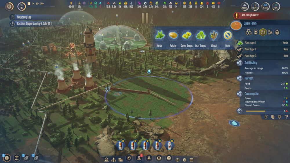 Capture d'écran de Surviving Mars : Relaunched avec une ville verdoyante sur Mars, et plein de fenêtres ou de barres de menus sur fond bleu qui débordent jusqu'au centre de l'écran.