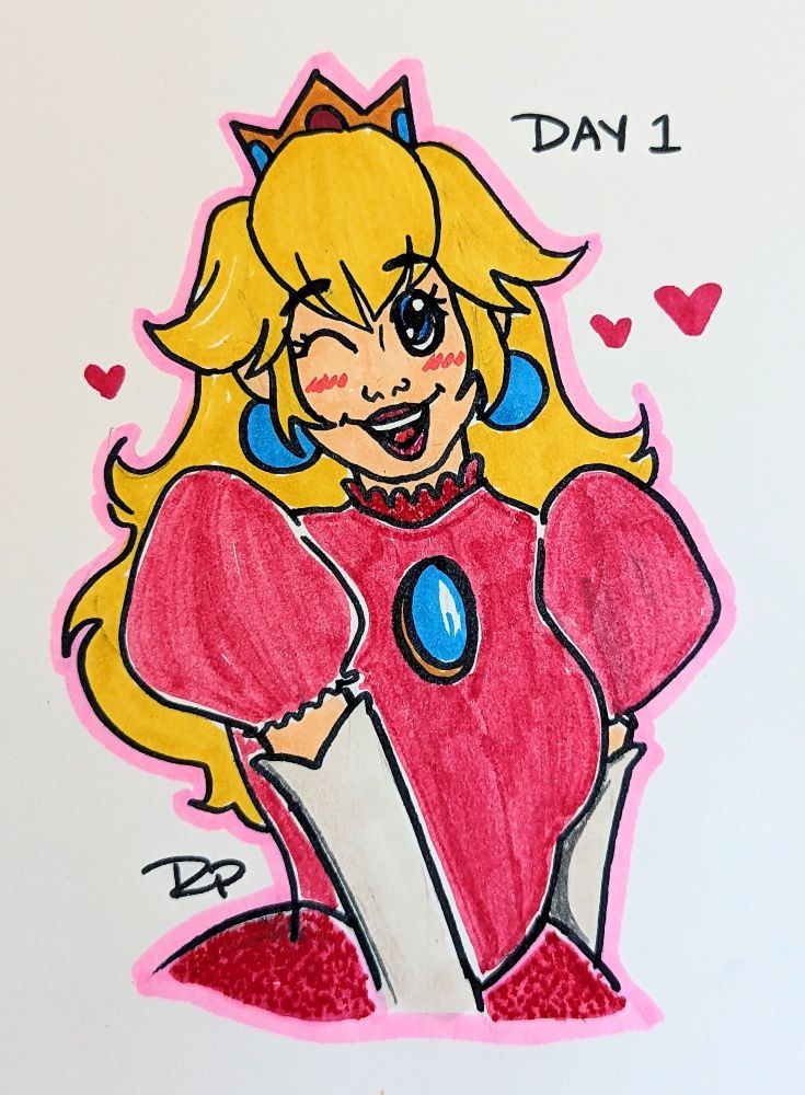 Marker drawing of Princess Peach from the waist up smiling and winking.
, surrounded by hearts.