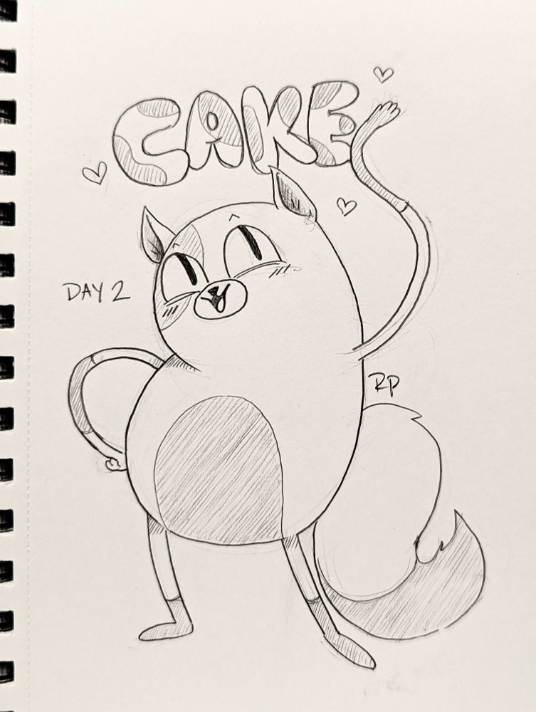 Pencil drawing of Cake the Cat standing and smiling and showing off her name drawn in bubble letters.