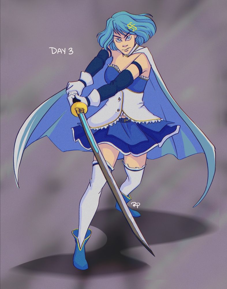 Digital drawing of Sayaka Miki from Madoka Magical holding her sword at an angle. She looks angry.