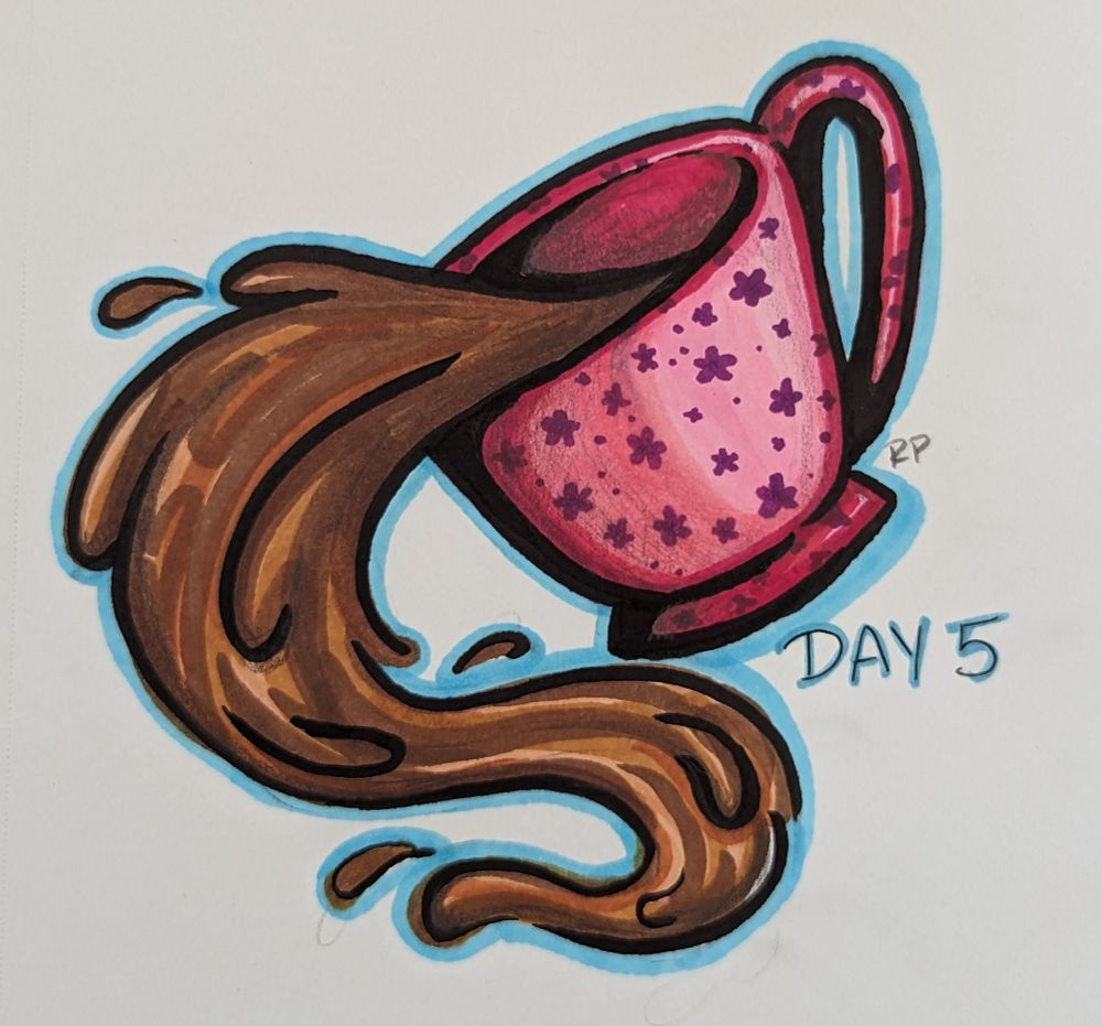 Pencil and marker drawing of a pink teacup with purple flowers pouring out coffee, which is all swirly.