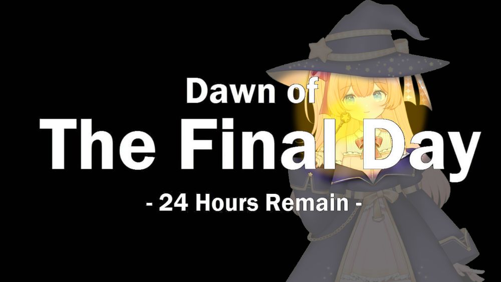 "Dawn of the final day, 24 hours remain" from Majora's Mask, an anime style bear girl in a dark blue coat and hat with star patterns is in the background, with a wand illuminating her face in the darkness.