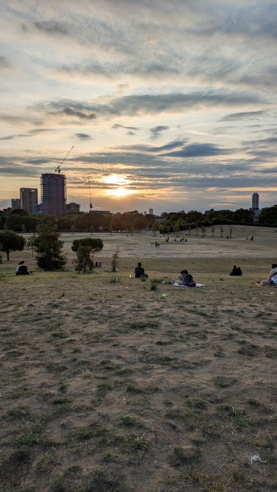 A Burgess Park sunset. From the hill at the park's centre looking west-ish. Some people relaxing on the very dry, almost sandy-looking grass. Clouds, building silhouettes, cranes, the sun. 
