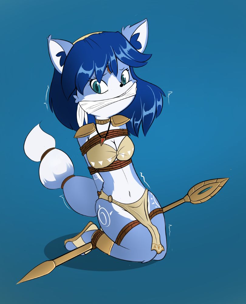 A bound and gagged Krystal secured to her staff.