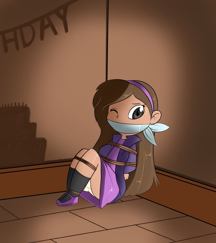 A woman tied up and gagged and sat in a way to expose her underwear.