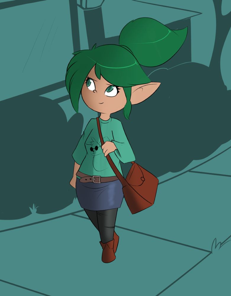 A casual Andromeda in a tshirt and denim skirt with black tights.