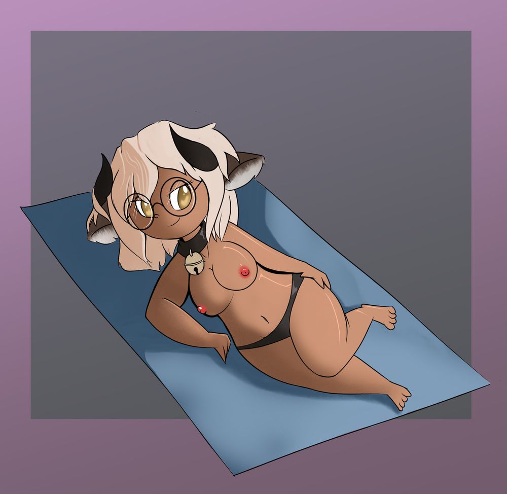 A topless lalafell lady with goat ears and horns and glasses.
