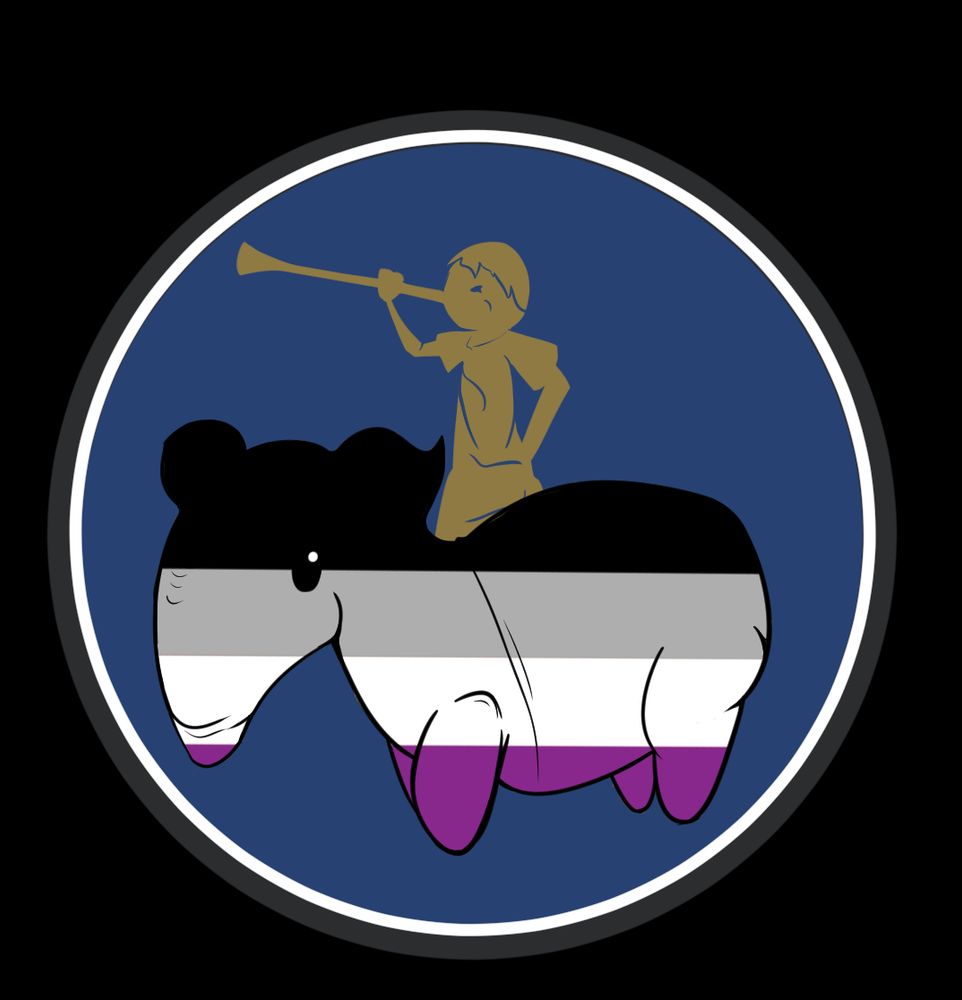 A golden statue of a robed man with a trumpet, placed behind a tapier decorated with the colors of the asexual flag.
