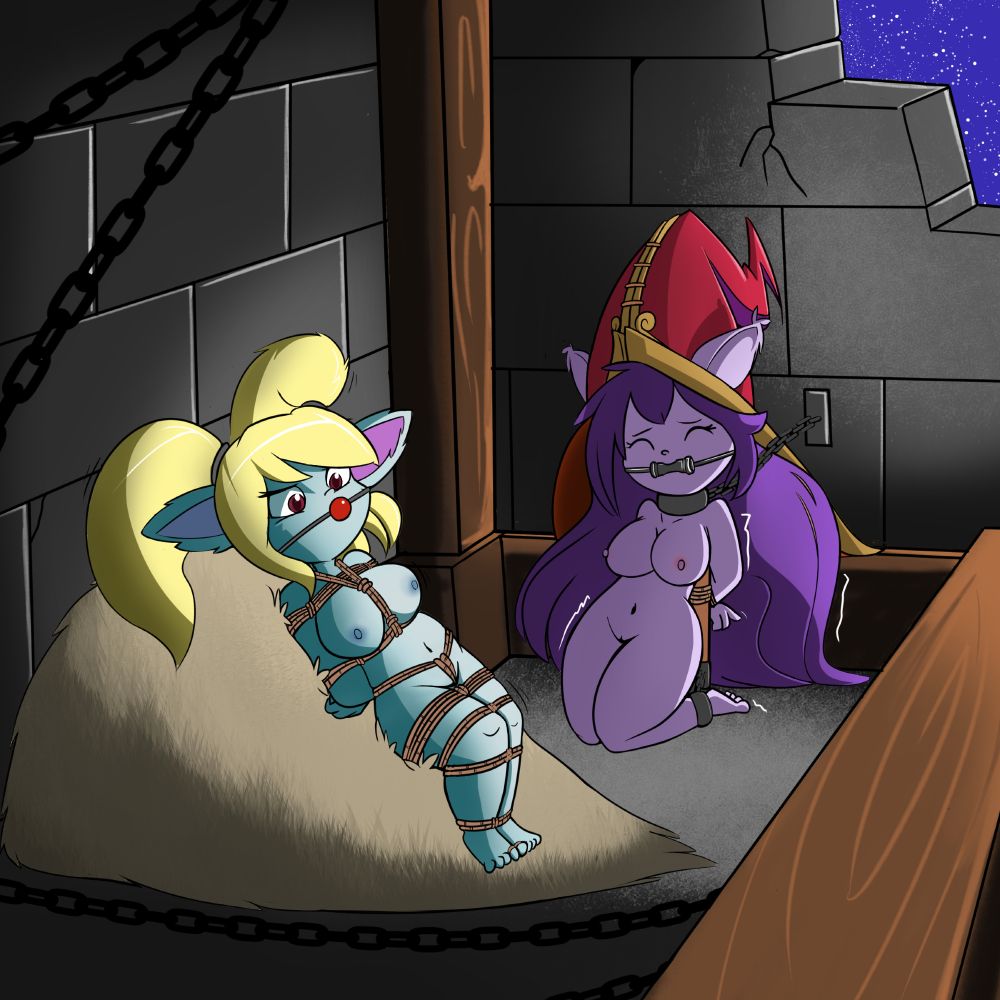 Two yordles are bound, gagged, and naked in a dungeon.