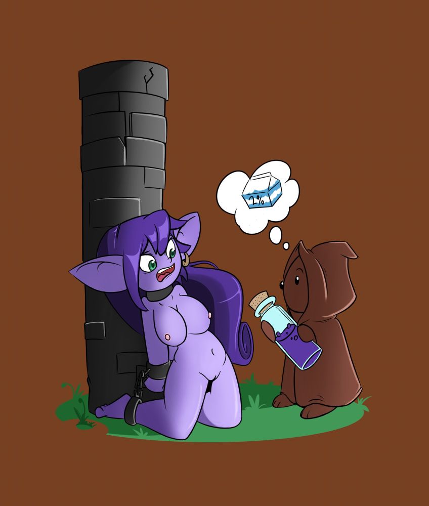 An imp is chained to a pillar. A robed creature looks at her with a magic potion asking about milk.