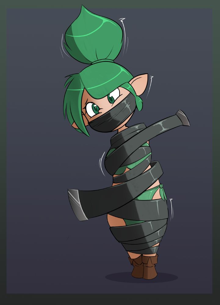 A halfling being wrapped up in latex bands.