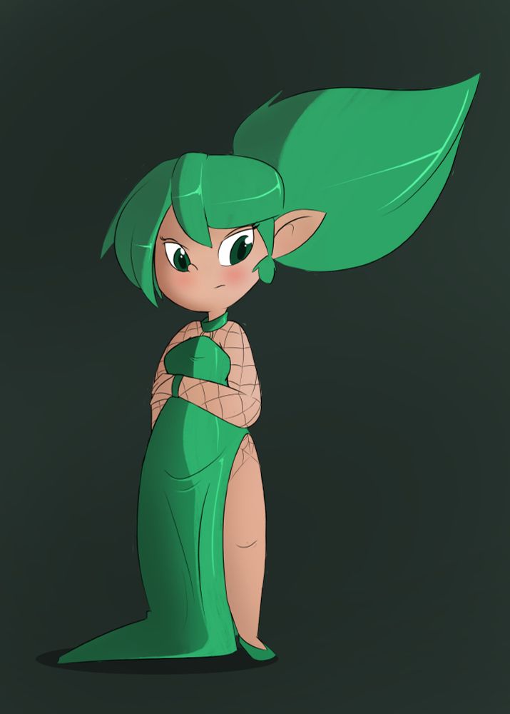 Andromeda in an elegant green evening gown with spider web netted extra bits.