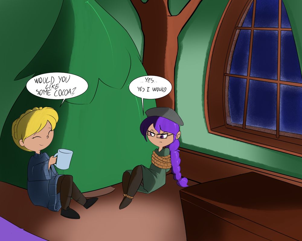 A blond woman is talking to a woman with a purple braid and glasses. the purple haired woman is tied up. The blond woman is offering her a cup of cocoa