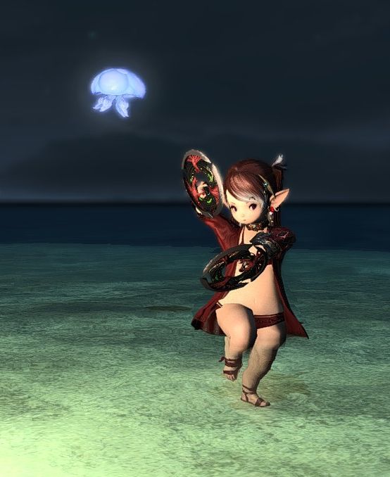 A ffxiv screenshot of a lalafell dancing on a beach at night 