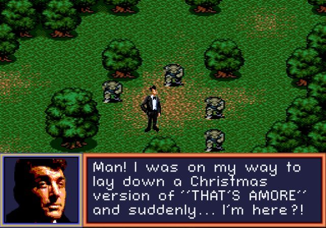 16-bit Dean stands in a fantasy forest filled with monsters. He says "Man! I was on my way to lay down a Christmas version of "That's Amore" and suddenly I'm here?!"