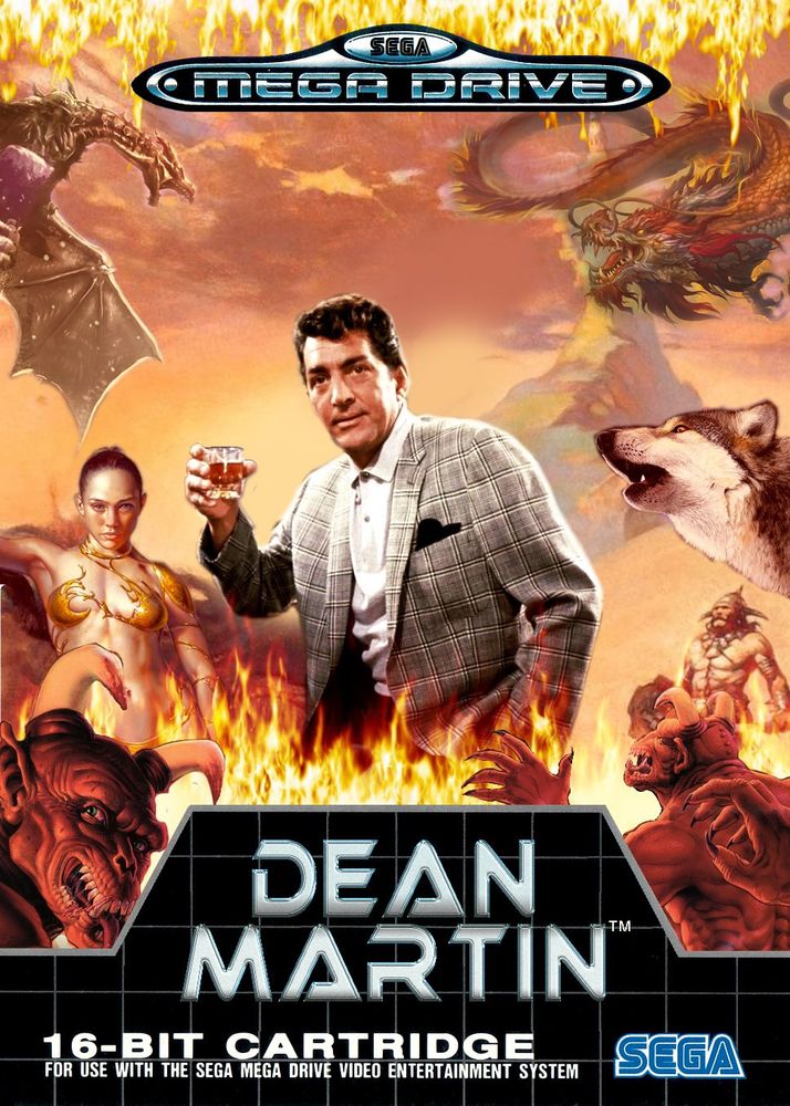 Box art for the Sega Genesis game Dean Martin, in which the mid-century crooner and beloved boozer finds himself in a mixed-up cuckoo fantasy world. Dean is holding a drink and looking wryly at the viewer while surrounded by demons, wolves, dragons and a bikini-clad princess.