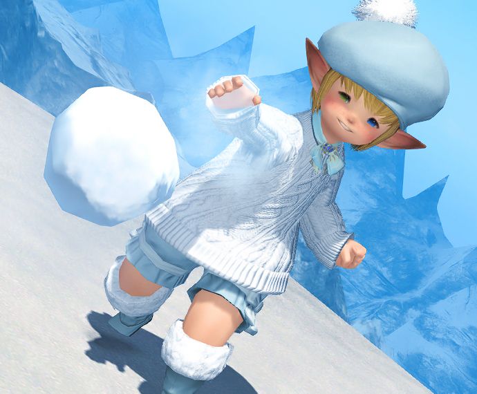 Image of a blond-haired Lalafell, dressed in a white and light blue winter outfit, grinning as they throw a snowball towards the camera. Behind them is a clear snowy landscape.