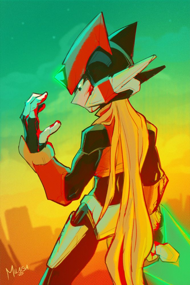 Zero from Mega Man Zero staring at his bloodied left hand while holding Z-saber in his right hand.