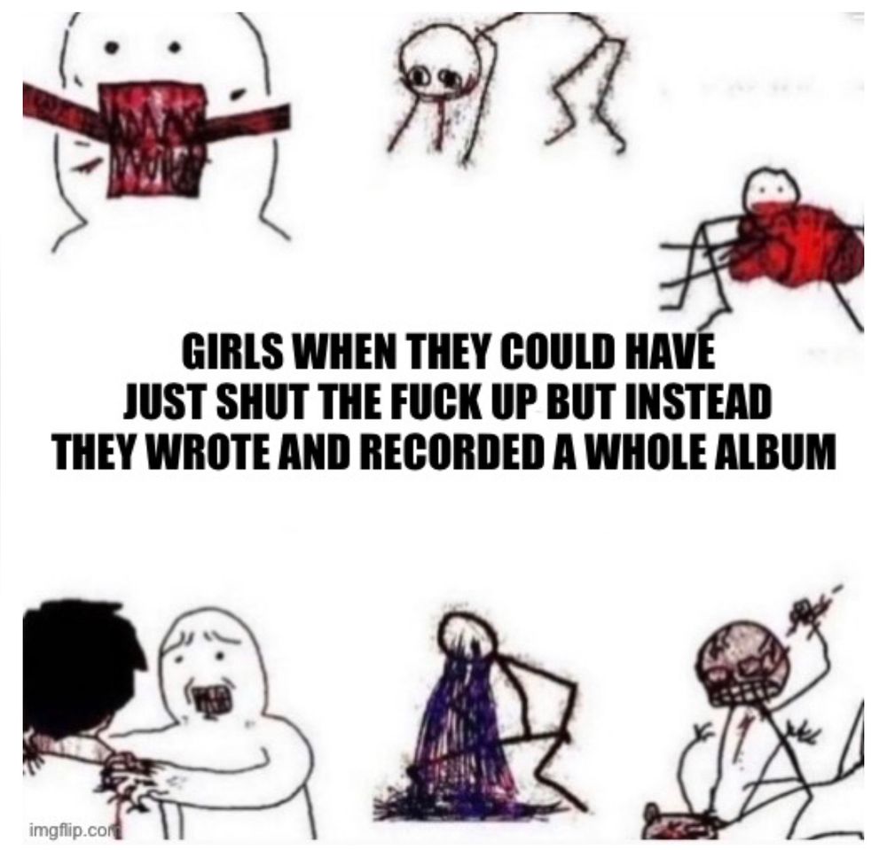 Meme of stick figure going crazy and violent and bonkers and it says GIRLS WHEN THEY COULD HAVE
JUST SHUT THE FUCK UP BUT INSTEAD THEY WROTE AND RECORDED A WHOLE ALBUM