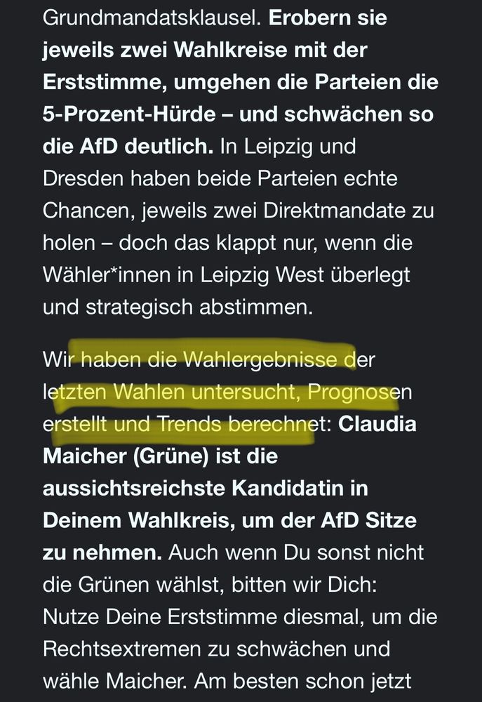 EMail von Campact in der sie zur Wahl von Claudia Maicher (Grüne) als Direktkandidatin in Leipzig West bei der Landtagswahl in Sachsen aufrufen. Sie begründen das mit irgendwelchen Prognosen und Trends, die ihr vermeintlich die besten Chancen einräumen. Auf Stadteilebene scheint das aber zumindest fragwürdig.