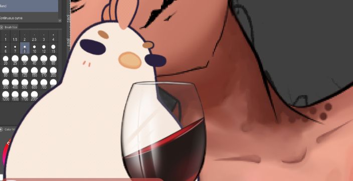 Vtuber chicken Hyunaferrin posing with her art in the bg and some wine