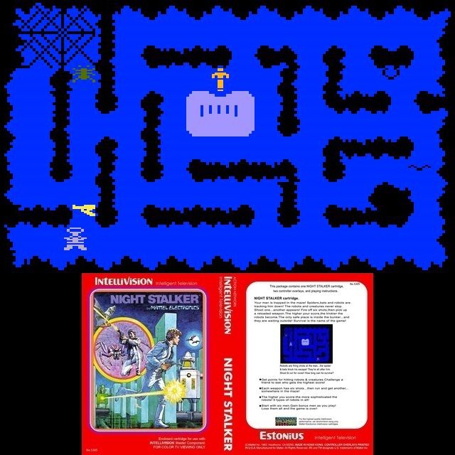 Paraphrasing Wikipedia:
"The player controls a person trapped in an exitless maze filled with many enemies [bats, spiders, and various robots]. The player starts out in a safe bunker in the middle of the maze completely weaponless. A gun icon flashes at 1 of 5 random locations inside the maze, which the player must reach and pick up to arm themselves. Each gun only has 6 bullets and once all 6 bullets are fired, the player is again defenseless. The gun icon will then appear again at a random location for the now weaponless player to reach and pick up to arm themselves anew."

Intellivision, Mattel, #mazegame #shootergame #videogamer #retrogamer #gamer #consolegaming #consolegamer #gameconsole #classicgaming #oldschoolgaming #videogaming #cartridge #cartridges #bats #spiders #maze #Halloween Halloween #retro #oldschool #1980s 1980's, 80's, 80s