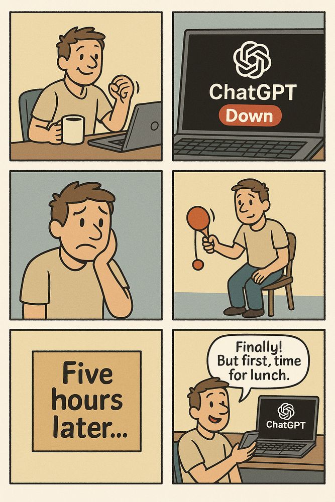 An AI Generated Comic Strip that shows what happens to work productivity when ChatGPT is not accessible. 